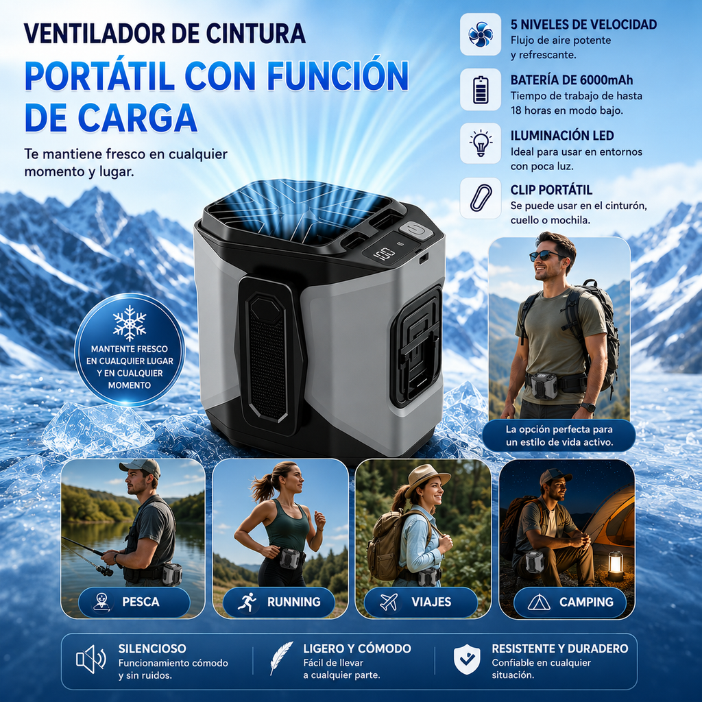 Ventilador De Cintura 20.000Mah, 5 Velocidades, Ligero, 40H Autonomía